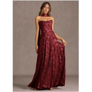 Azazie Atelier Gabriela Wine Maxi Dress Burgandy Floral Drop Waist Corset Gown